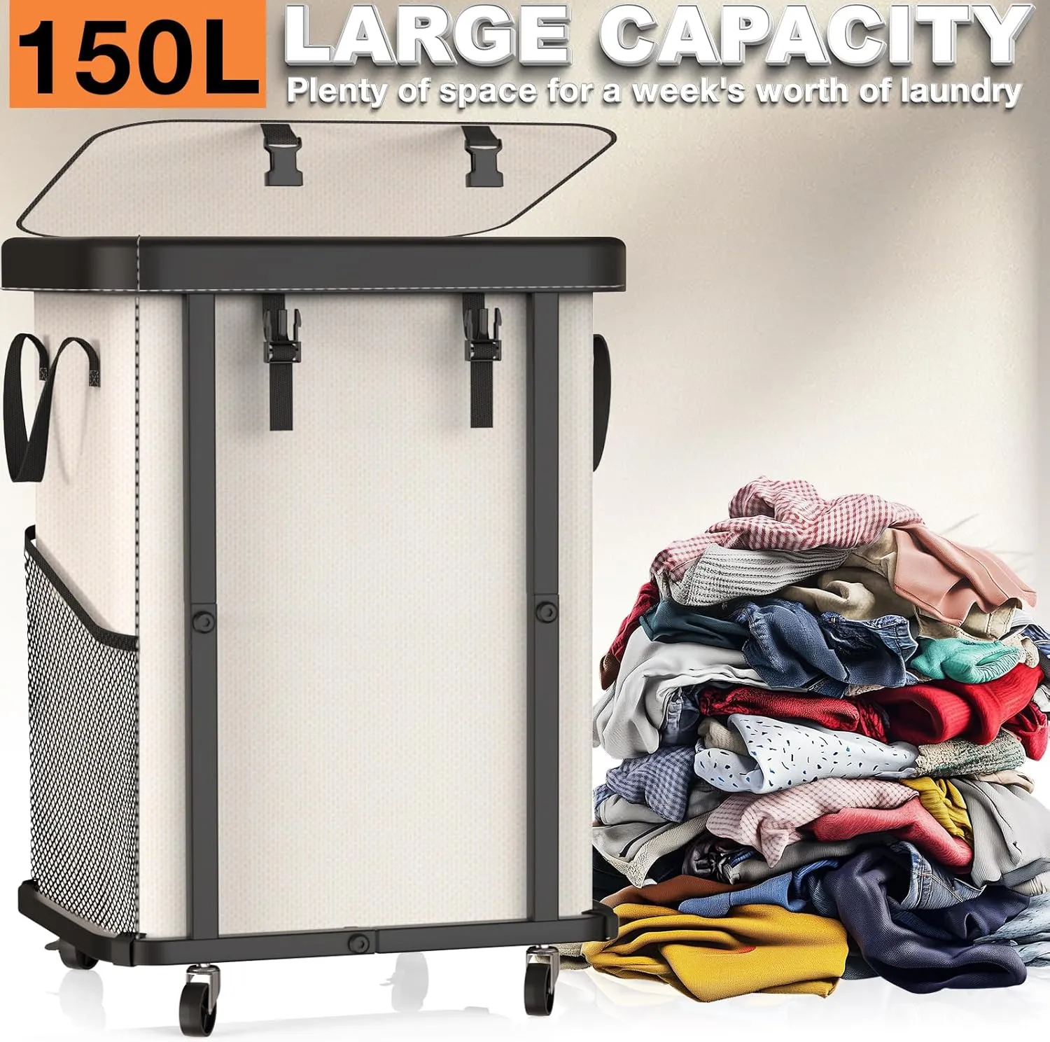 150L Large Fashion Laundry Basket with Wheels, Leather Patchwork Rolling Hamper Carts, Sturdy Metal Frame, Removable Washable Bag, Tall Clothes Sorter for Bedroom, Laundry Room, Dorm - Beige