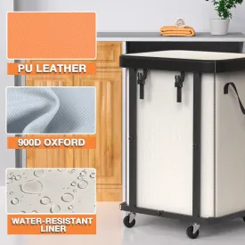 150L Large Fashion Laundry Basket with Wheels, Leather Patchwork Rolling Hamper Carts, Sturdy Metal Frame, Removable Washable Bag, Tall Clothes Sorter for Bedroom, Laundry Room, Dorm - Beige