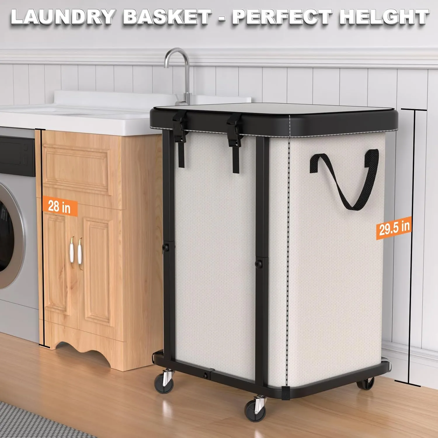 150L Large Fashion Laundry Basket with Wheels, Leather Patchwork Rolling Hamper Carts, Sturdy Metal Frame, Removable Washable Bag, Tall Clothes Sorter for Bedroom, Laundry Room, Dorm - Beige