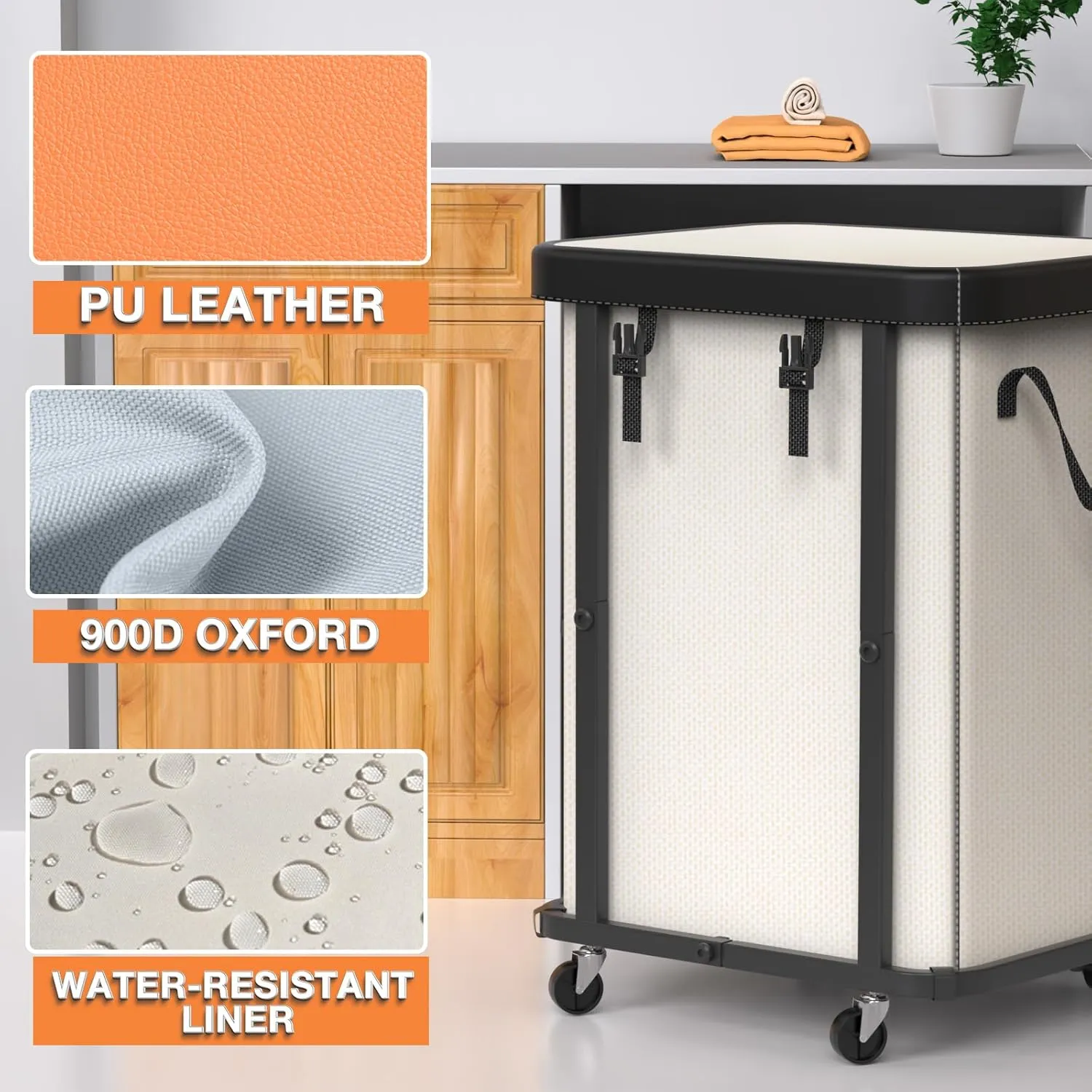 150L Large Fashion Laundry Basket with Wheels, Leather Patchwork Rolling Hamper Carts, Sturdy Metal Frame, Removable Washable Bag, Tall Clothes Sorter for Bedroom, Laundry Room, Dorm - Beige