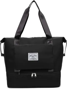 2022 New Foldable Dry/Wet Separation Travel Duffel Bag with Shoe Compartment Large Capacity Folding Weekender Overnight Bag Lightweight Waterproof Gym Tote Bag (F-Black)