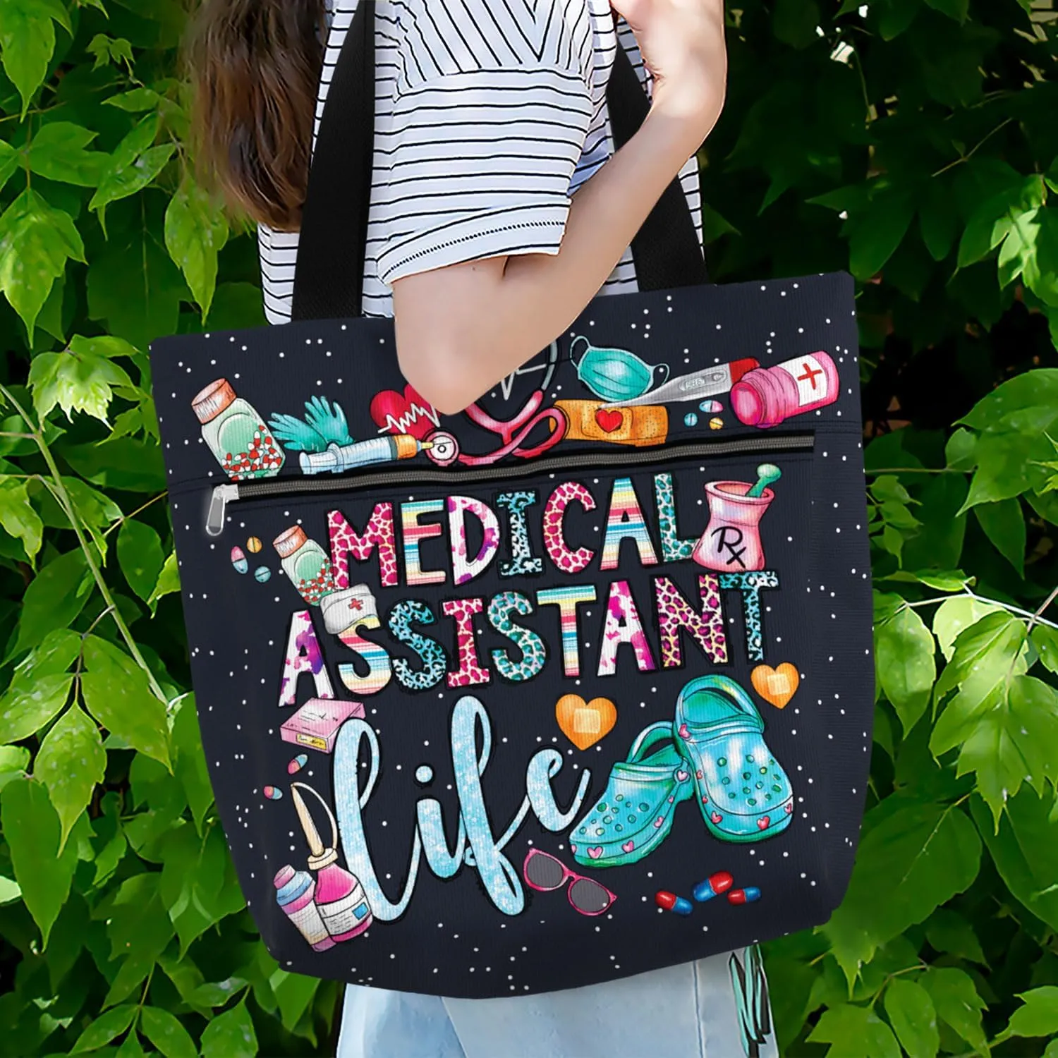 84hoods Large Waterproof Tote Bag with Pockets and Zipper for Work. Gift for Nurse. Shoulder Bag for Women.