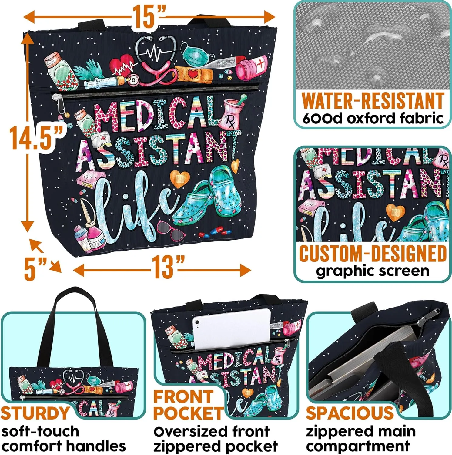 84hoods Large Waterproof Tote Bag with Pockets and Zipper for Work. Gift for Nurse. Shoulder Bag for Women.