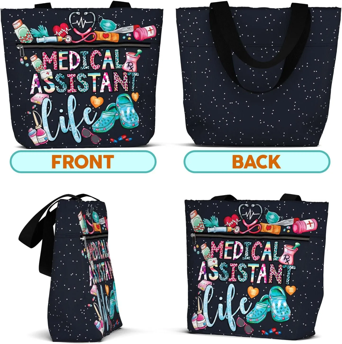 84hoods Large Waterproof Tote Bag with Pockets and Zipper for Work. Gift for Nurse. Shoulder Bag for Women.