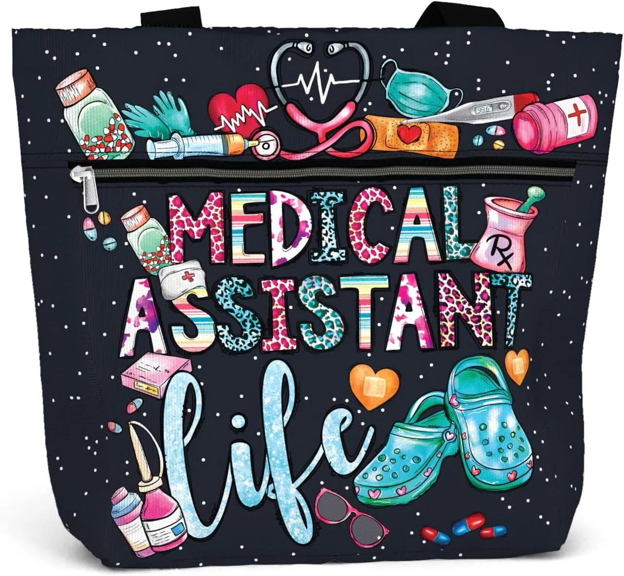 84hoods Large Waterproof Tote Bag with Pockets and Zipper for Work. Gift for Nurse. Shoulder Bag for Women.