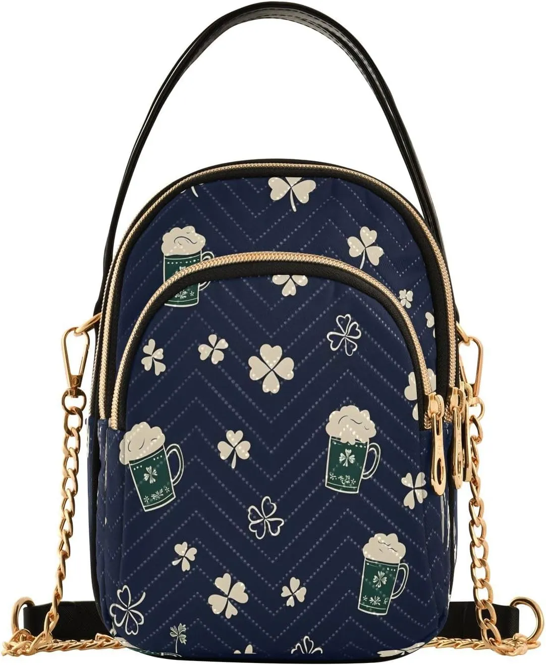 ALAZA Chain Crossbody Bags for Women Clover Leaves Beer St. Patrick's Doodle Quilted Shoulder Crossbody Handbags Travel Cross Body Cell Phone Purses Bags