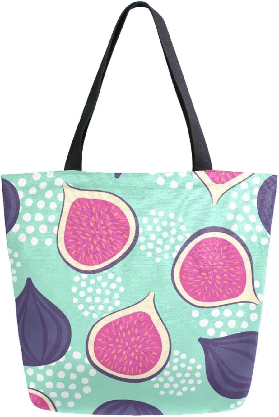 ALAZA Figs Pattern Mint Fruits Canvas Tote Bag for Women Casual Shoulder Bag Handbag,Shopping Grocery Cotton Bag Reusable,Multipurpose,Heavy Duty for Outdoors Weekender Travel