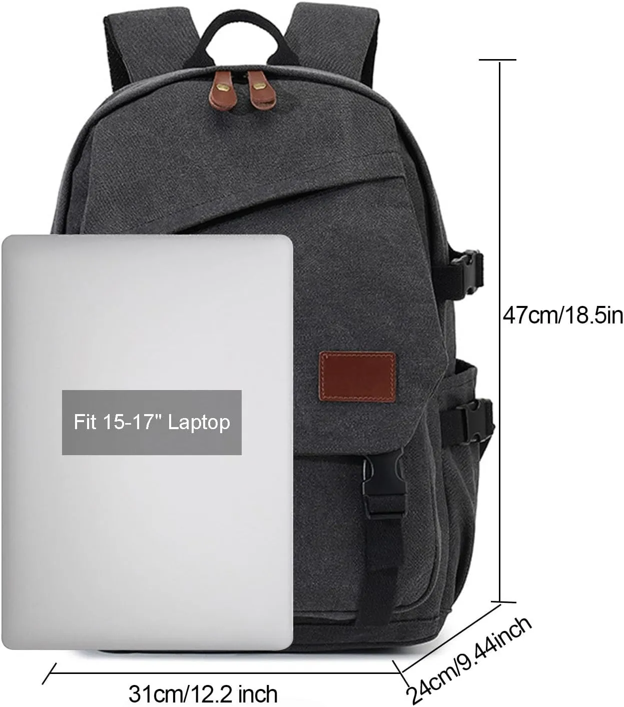 AUGUR Canvas Backpack for Men Casual Daypack Vintage Rucksack Laptop Backpack fit 15-17 inch Travel Hiking Backpack(35L-Black)