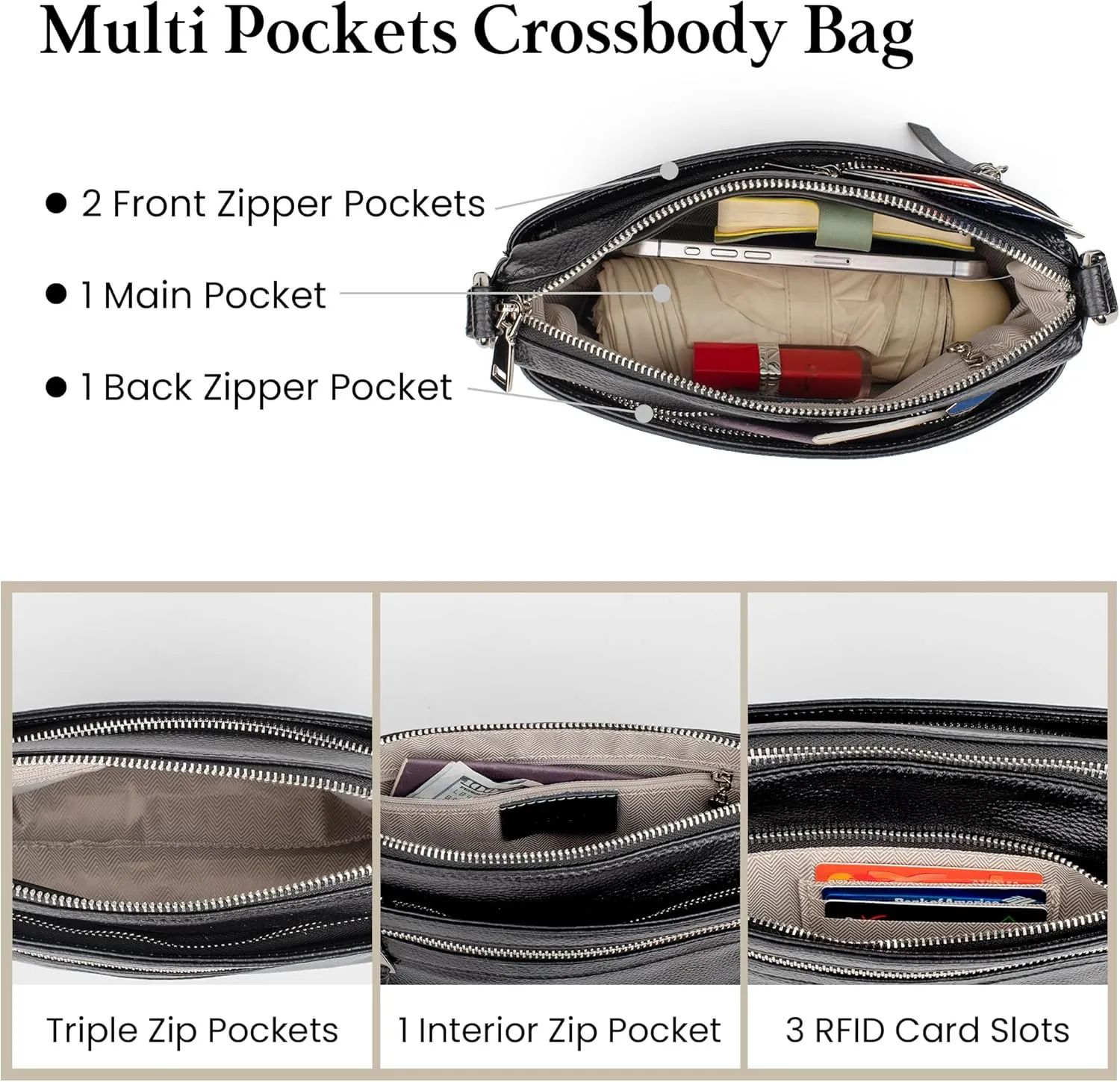 befen Small Genuine Leather Crossbody Purse Bags for Women, Multi Pockets Shoulder Handbag with RFID Blocking Card Slots