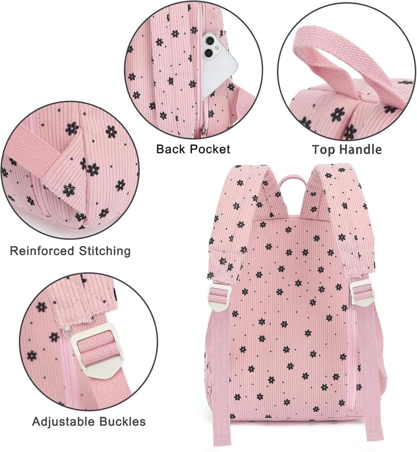 Corduroy Womens Mini Backpack Girls Small Backpack Purse Fashion Casual Daypack School Bookbag (Floral Pink)
