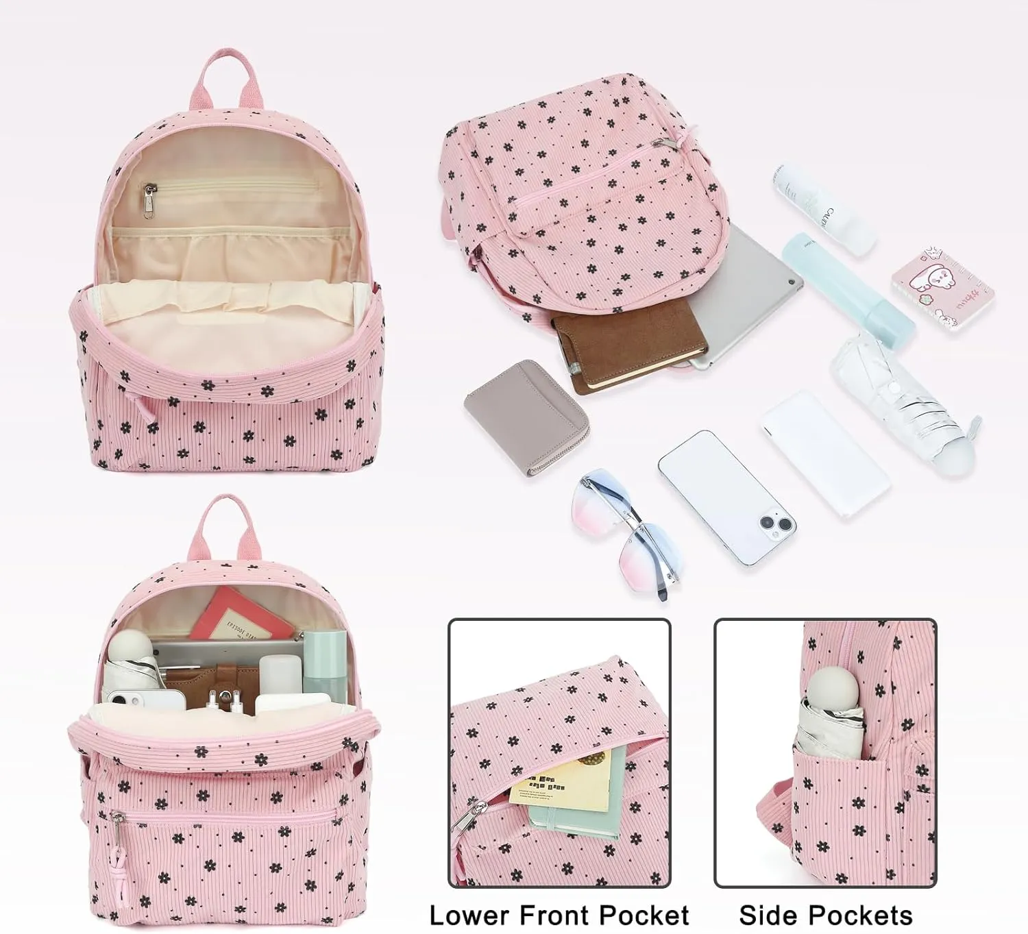 Corduroy Womens Mini Backpack Girls Small Backpack Purse Fashion Casual Daypack School Bookbag (Floral Pink)