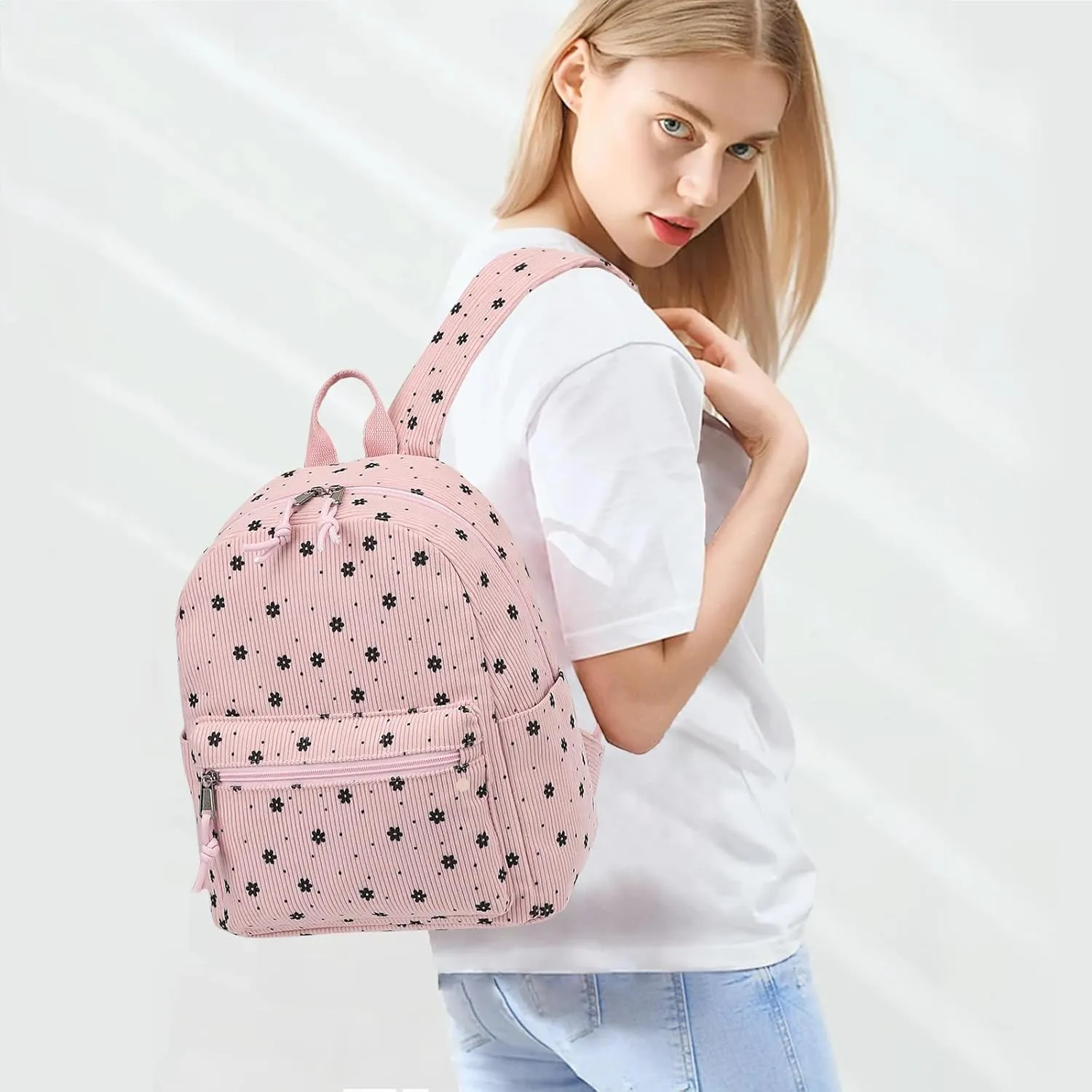 Corduroy Womens Mini Backpack Girls Small Backpack Purse Fashion Casual Daypack School Bookbag (Floral Pink)