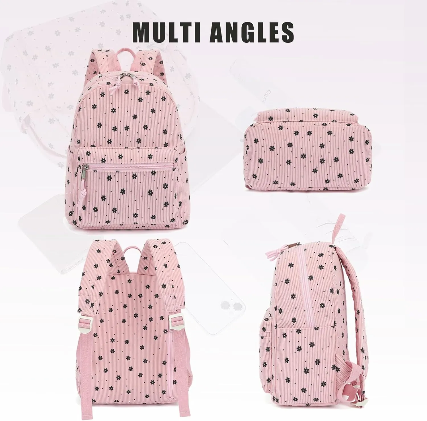Corduroy Womens Mini Backpack Girls Small Backpack Purse Fashion Casual Daypack School Bookbag (Floral Pink)