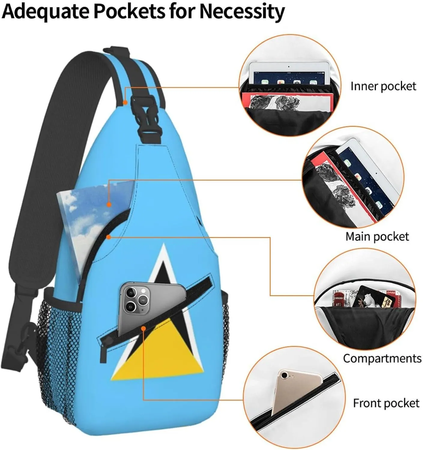 Cute St Lucia Flag Sling Backpack, Multipurpose Crossbody Shoulder Bag Patriotic Travel Hiking Daypack for Men Women