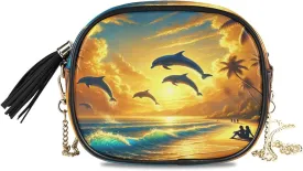 Dolphin Beach Sunset Crossbody Bags for Women Small Purses Leather Crossbody Bag Handbags Purse with Detachable Chain Evening Bag Clutch Purses Cell Phone Purse
