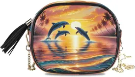 Dolphin Sunset Palm Crossbody Bags for Women Small Purses Leather Purse Handbags Crossbody Bag with Detachable Chain Cell Phone Purse Evening Bag Clutch Purses