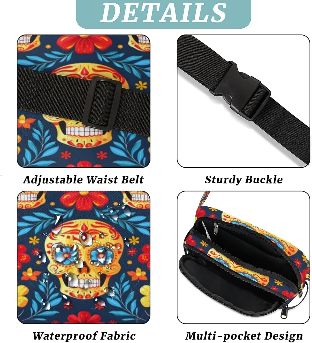 Fanny Pack for Men Women, Waterproof Sports Waist Bag Pack, Gothic Sugar Skull Belt Bag for Travel Hiking Running, Travel Chest Bag with Adjustable Strap, Skeleton Goth Retro Spooky Flower