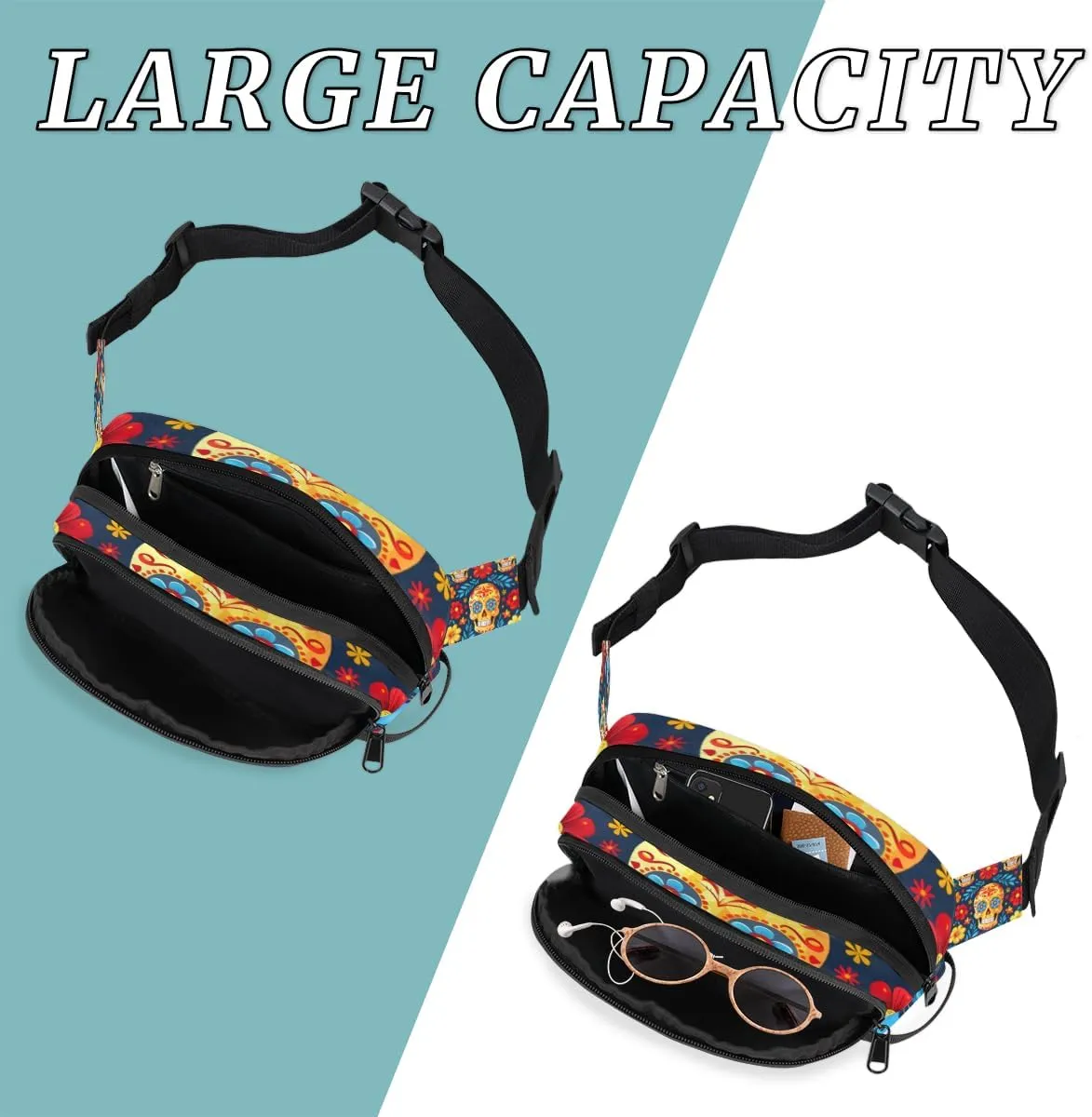 Fanny Pack for Men Women, Waterproof Sports Waist Bag Pack, Gothic Sugar Skull Belt Bag for Travel Hiking Running, Travel Chest Bag with Adjustable Strap, Skeleton Goth Retro Spooky Flower