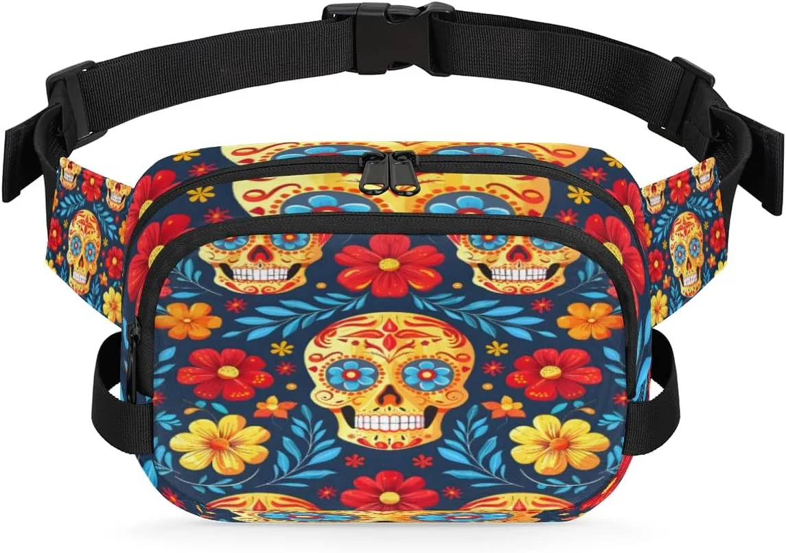 Fanny Pack for Men Women, Waterproof Sports Waist Bag Pack, Gothic Sugar Skull Belt Bag for Travel Hiking Running, Travel Chest Bag with Adjustable Strap, Skeleton Goth Retro Spooky Flower