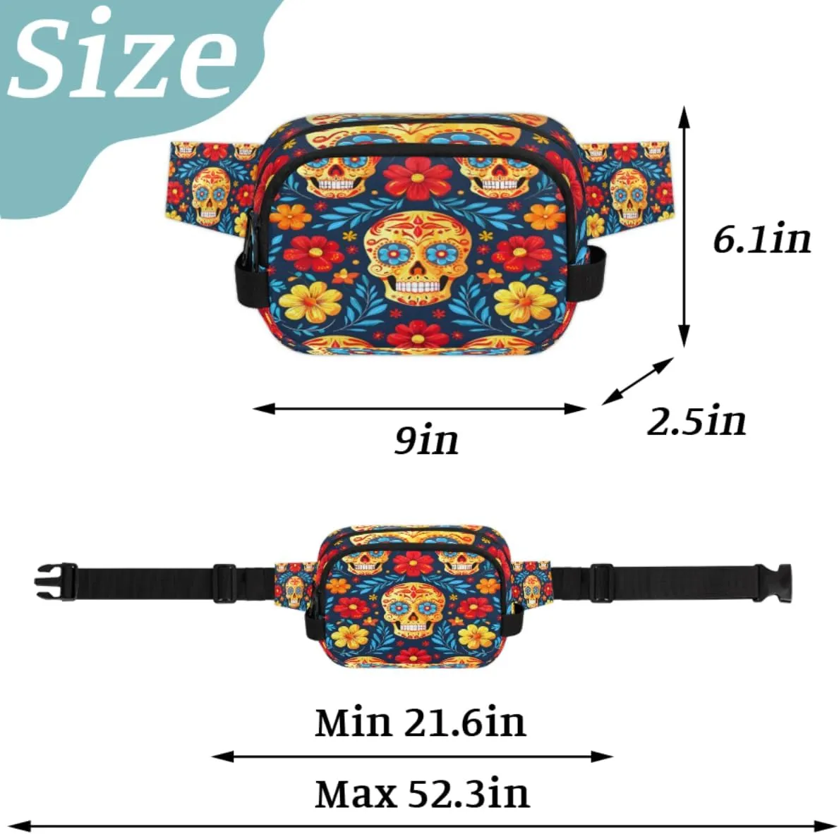 Fanny Pack for Men Women, Waterproof Sports Waist Bag Pack, Gothic Sugar Skull Belt Bag for Travel Hiking Running, Travel Chest Bag with Adjustable Strap, Skeleton Goth Retro Spooky Flower