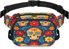 Fanny Pack for Men Women, Waterproof Sports Waist Bag Pack, Gothic Sugar Skull Belt Bag for Travel Hiking Running, Travel Chest Bag with Adjustable Strap, Skeleton Goth Retro Spooky Flower