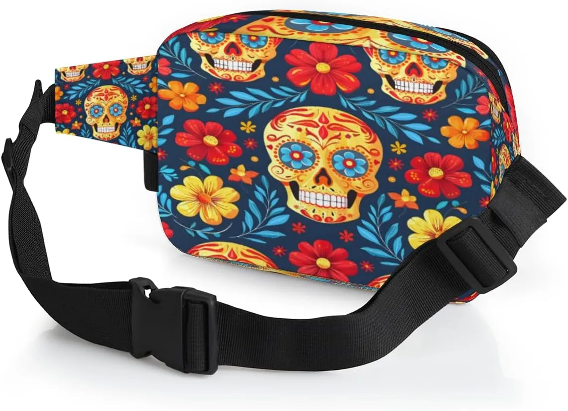Fanny Pack for Men Women, Waterproof Sports Waist Bag Pack, Gothic Sugar Skull Belt Bag for Travel Hiking Running, Travel Chest Bag with Adjustable Strap, Skeleton Goth Retro Spooky Flower