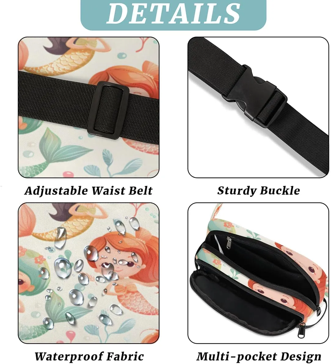 Fanny Pack for Men Women, Waterproof Sports Waist Bag Pack, Mermaids Belt Bag for Travel Hiking Running, Travel Chest Bag with Adjustable Strap, Ocean Summer Underwater Mermaid