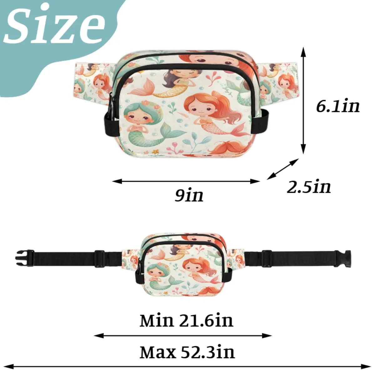 Fanny Pack for Men Women, Waterproof Sports Waist Bag Pack, Mermaids Belt Bag for Travel Hiking Running, Travel Chest Bag with Adjustable Strap, Ocean Summer Underwater Mermaid