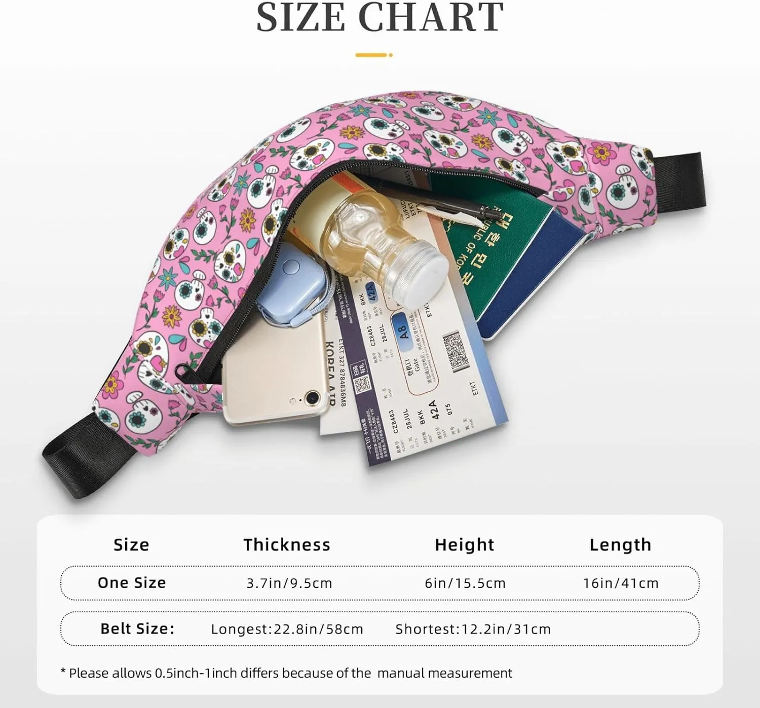 Fanny Pack for Women Men,Sugar Skulls,Hearts And Florals On Pink Large Crossbody Waist Pack Belt Bag for Workout Hiking Running Travel, Onesize