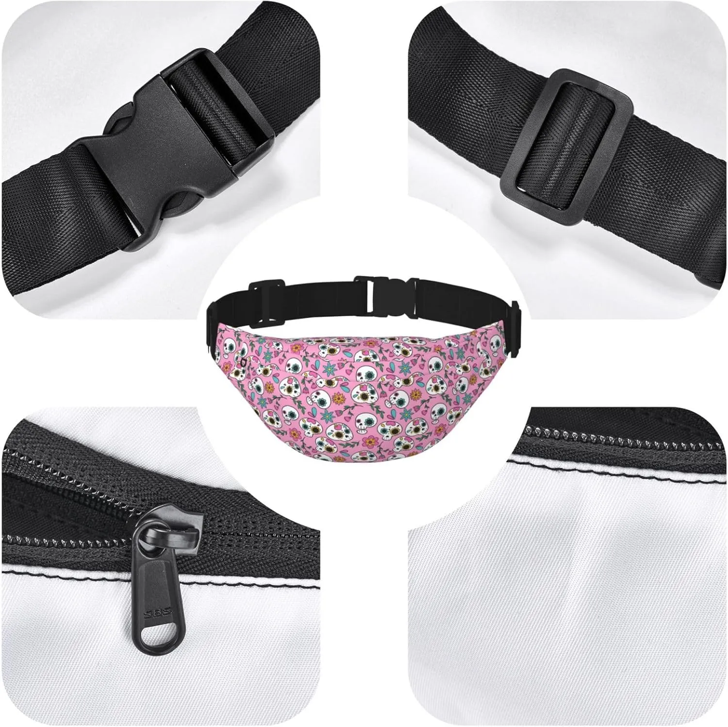 Fanny Pack for Women Men,Sugar Skulls,Hearts And Florals On Pink Large Crossbody Waist Pack Belt Bag for Workout Hiking Running Travel, Onesize