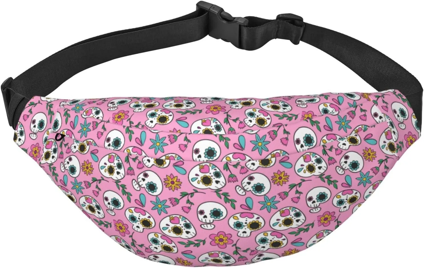 Fanny Pack for Women Men,Sugar Skulls,Hearts And Florals On Pink Large Crossbody Waist Pack Belt Bag for Workout Hiking Running Travel, Onesize