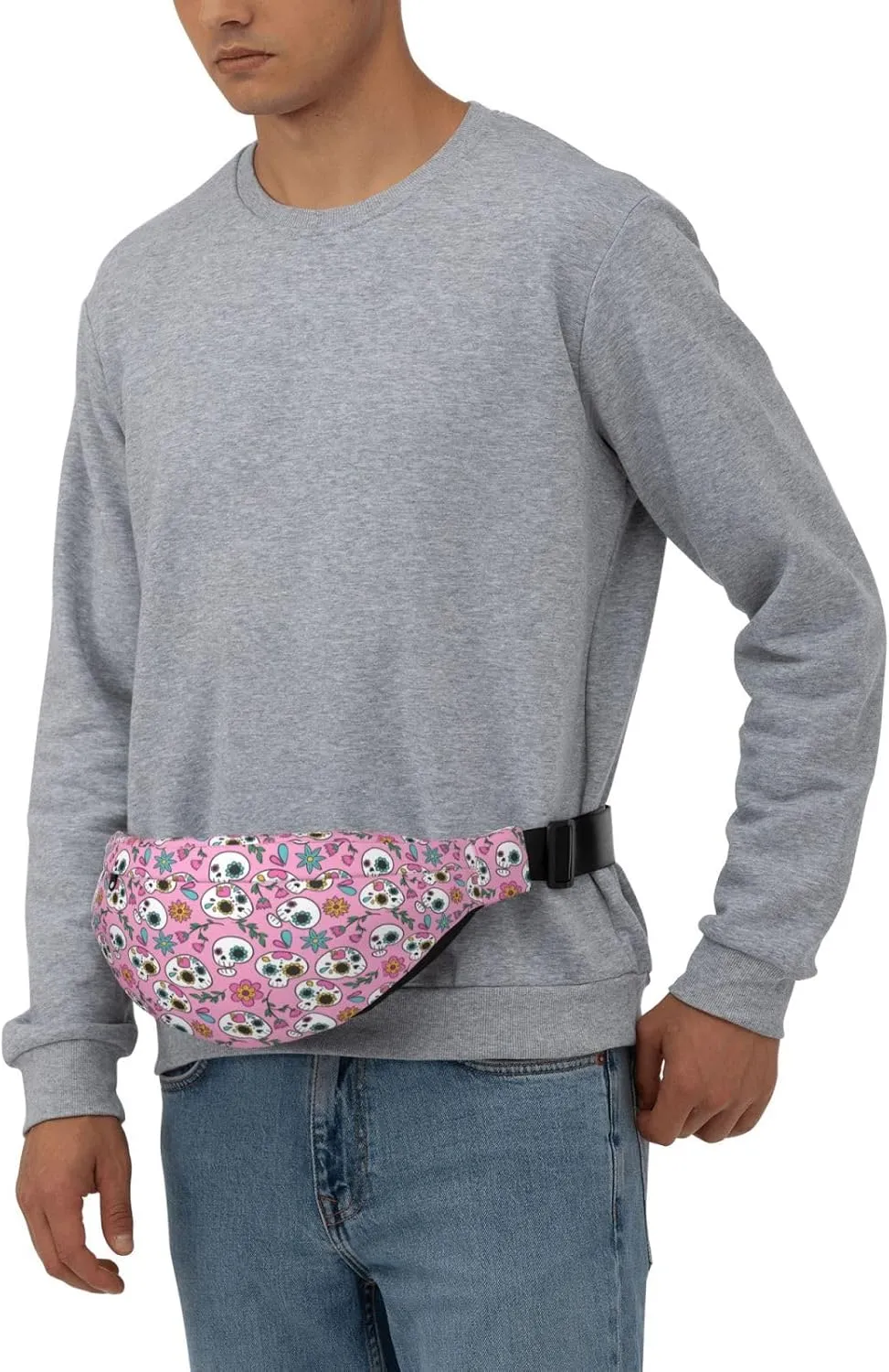 Fanny Pack for Women Men,Sugar Skulls,Hearts And Florals On Pink Large Crossbody Waist Pack Belt Bag for Workout Hiking Running Travel, Onesize