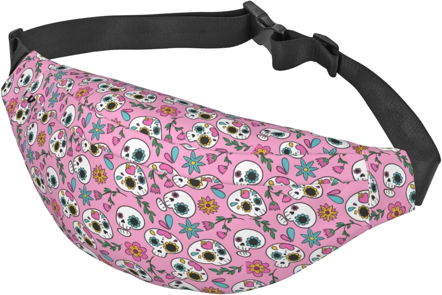 Fanny Pack for Women Men,Sugar Skulls,Hearts And Florals On Pink Large Crossbody Waist Pack Belt Bag for Workout Hiking Running Travel, Onesize