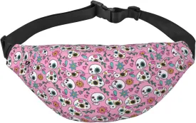 Fanny Pack for Women Men,Sugar Skulls,Hearts And Florals On Pink Large Crossbody Waist Pack Belt Bag for Workout Hiking Running Travel, Onesize
