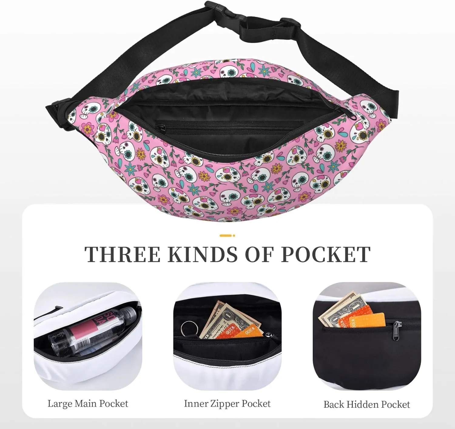 Fanny Pack for Women Men,Sugar Skulls,Hearts And Florals On Pink Large Crossbody Waist Pack Belt Bag for Workout Hiking Running Travel, Onesize