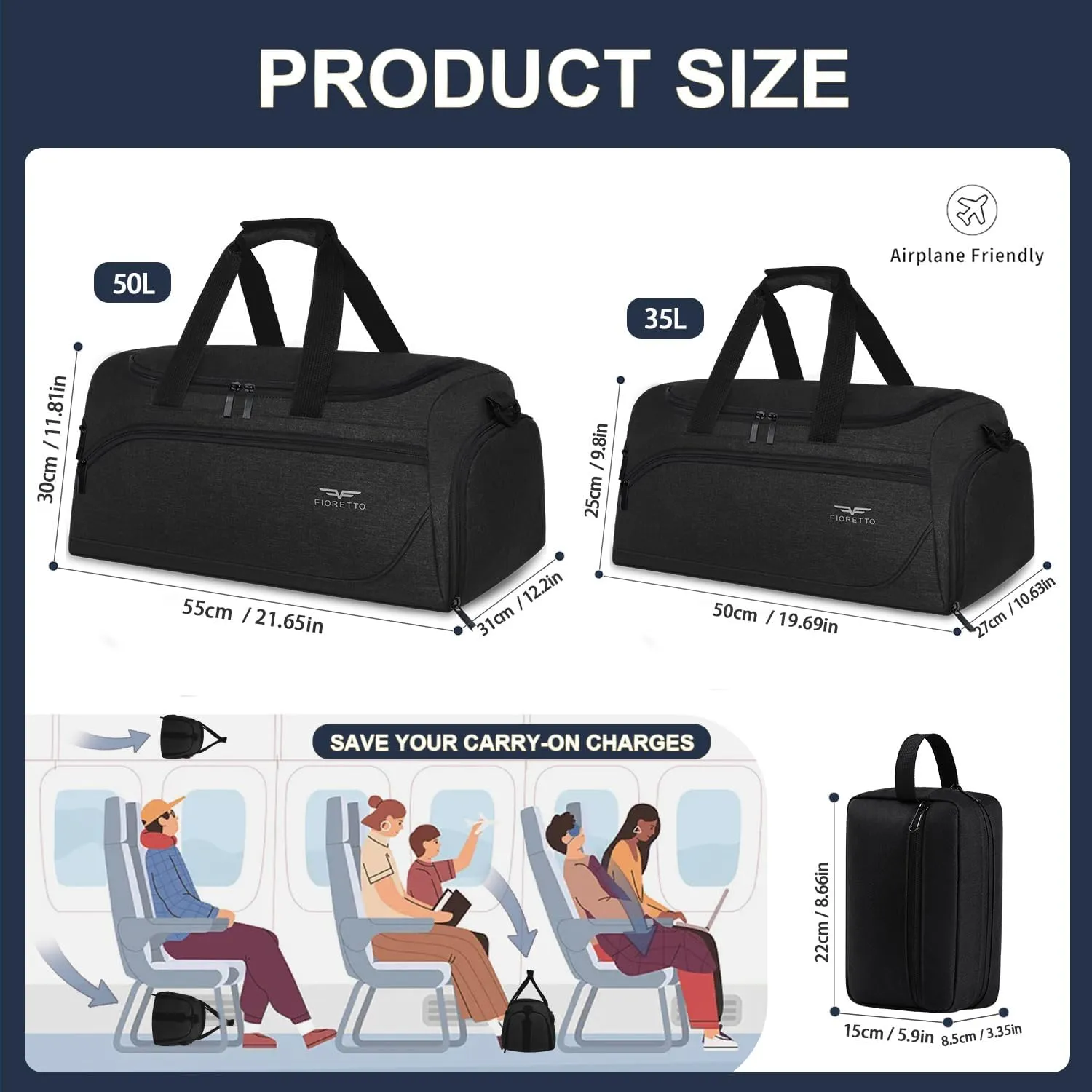 FIORETTO 50L Mens Sports Gym Duffle Bag with Wet Pocket & Shoe Compartment, Overnight Weekender Bag with Padded Shoulder Strap, Ideal for Travel, Gym, Sports, Swimming, Black