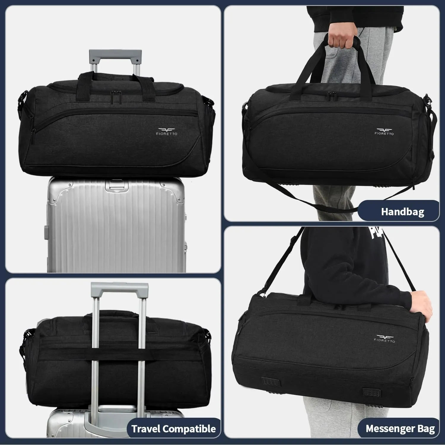 FIORETTO 50L Mens Sports Gym Duffle Bag with Wet Pocket & Shoe Compartment, Overnight Weekender Bag with Padded Shoulder Strap, Ideal for Travel, Gym, Sports, Swimming, Black