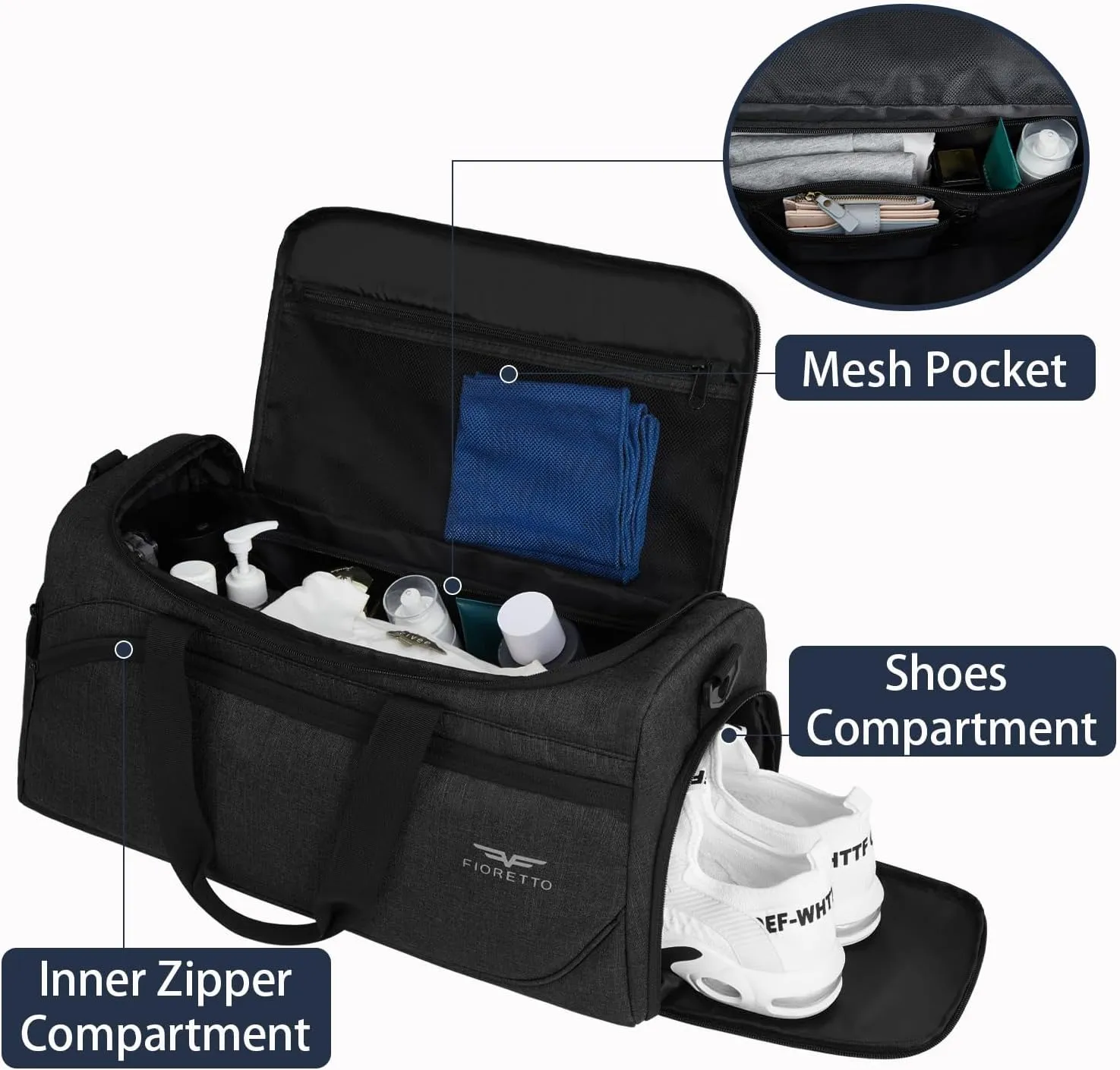 FIORETTO 50L Mens Sports Gym Duffle Bag with Wet Pocket & Shoe Compartment, Overnight Weekender Bag with Padded Shoulder Strap, Ideal for Travel, Gym, Sports, Swimming, Black