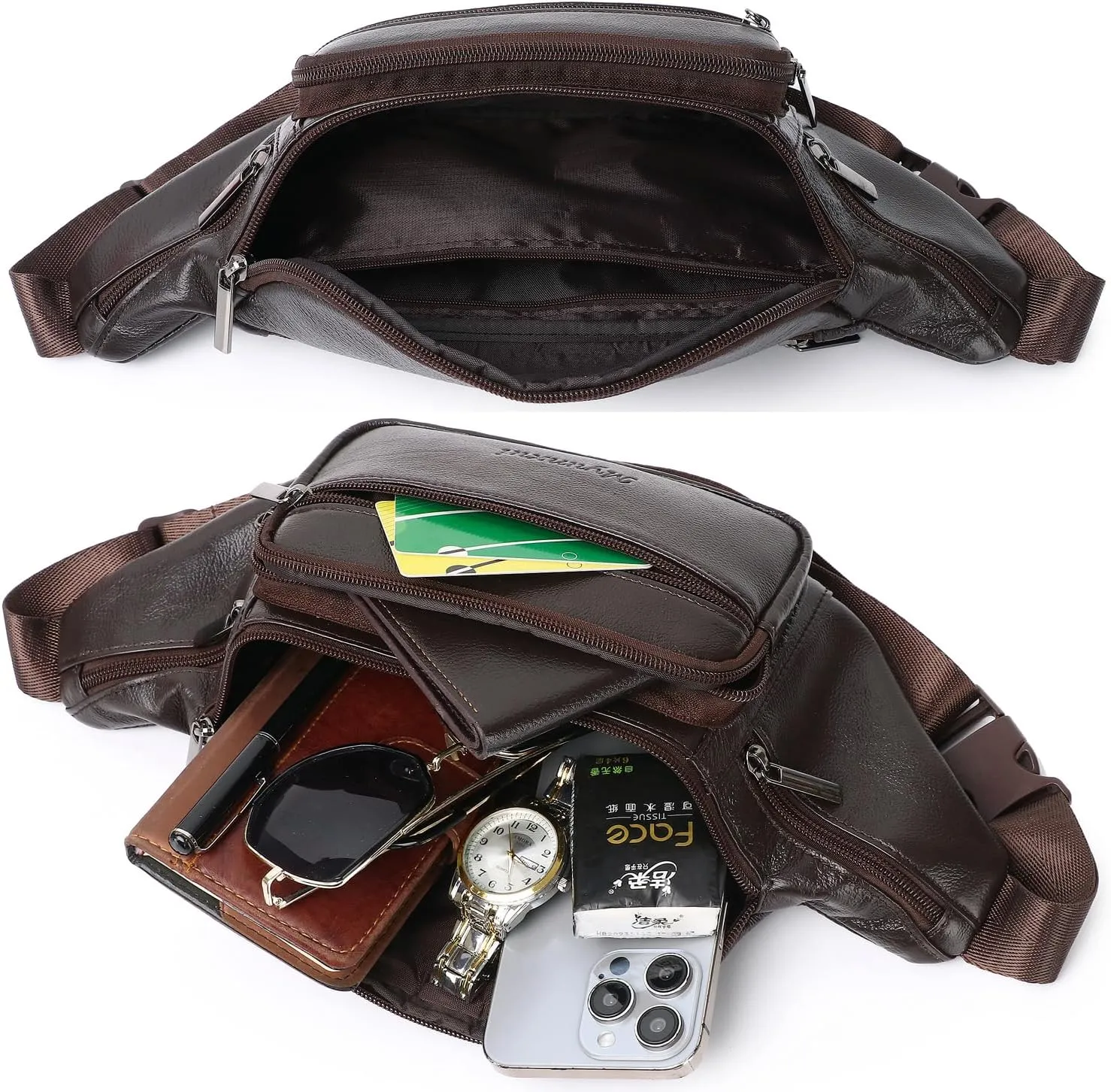 Genuine Leather Fanny Pack Waist Bag for Men Women Hip Bum Bag Travel Pouch Sling Bag Crossbody Chest Bags Shoulder Daypack Multiple Pockets Waist Pack Coffee