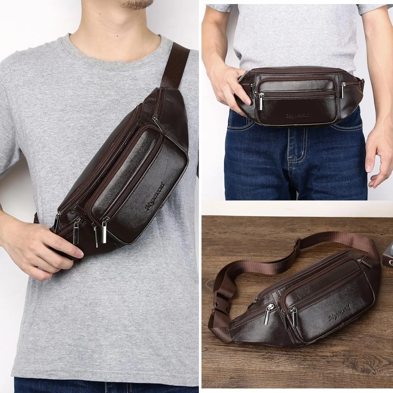 Genuine Leather Fanny Pack Waist Bag for Men Women Hip Bum Bag Travel Pouch Sling Bag Crossbody Chest Bags Shoulder Daypack Multiple Pockets Waist Pack Coffee