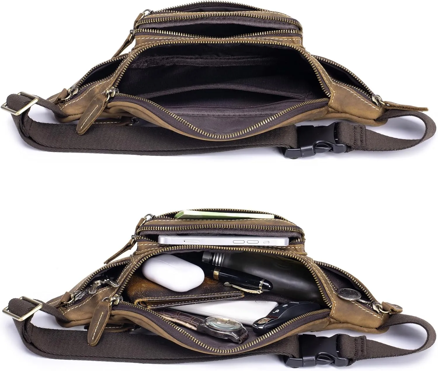 Genuine Leather Fanny Pack Waist Bag for Men Women Hip Bum Bag Travel Pouch Sling Bag Crossbody Chest Bags Shoulder Daypack Multiple Pockets Waist Pack Deep Brown