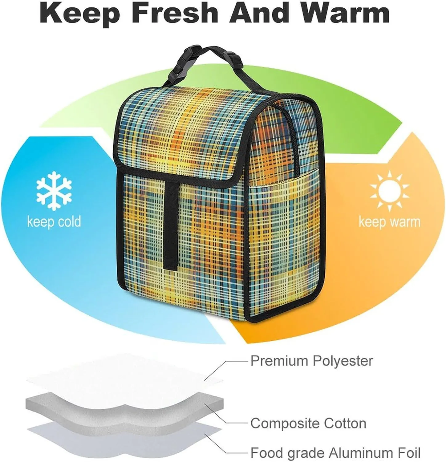 Insulated Lunch Bag for Women Man Lunch Box Grid Stripe Pattern Lunch Tote Bags for Work