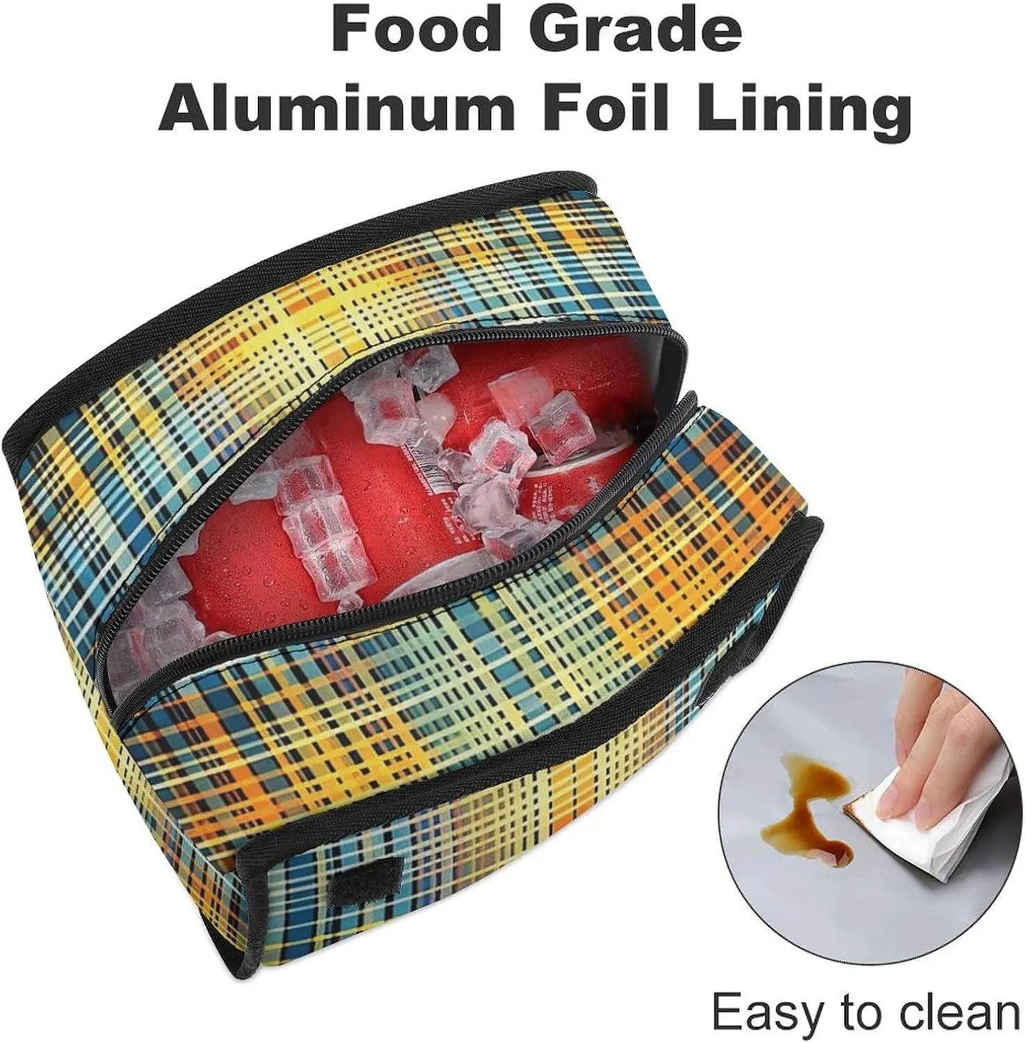 Insulated Lunch Bag for Women Man Lunch Box Grid Stripe Pattern Lunch Tote Bags for Work