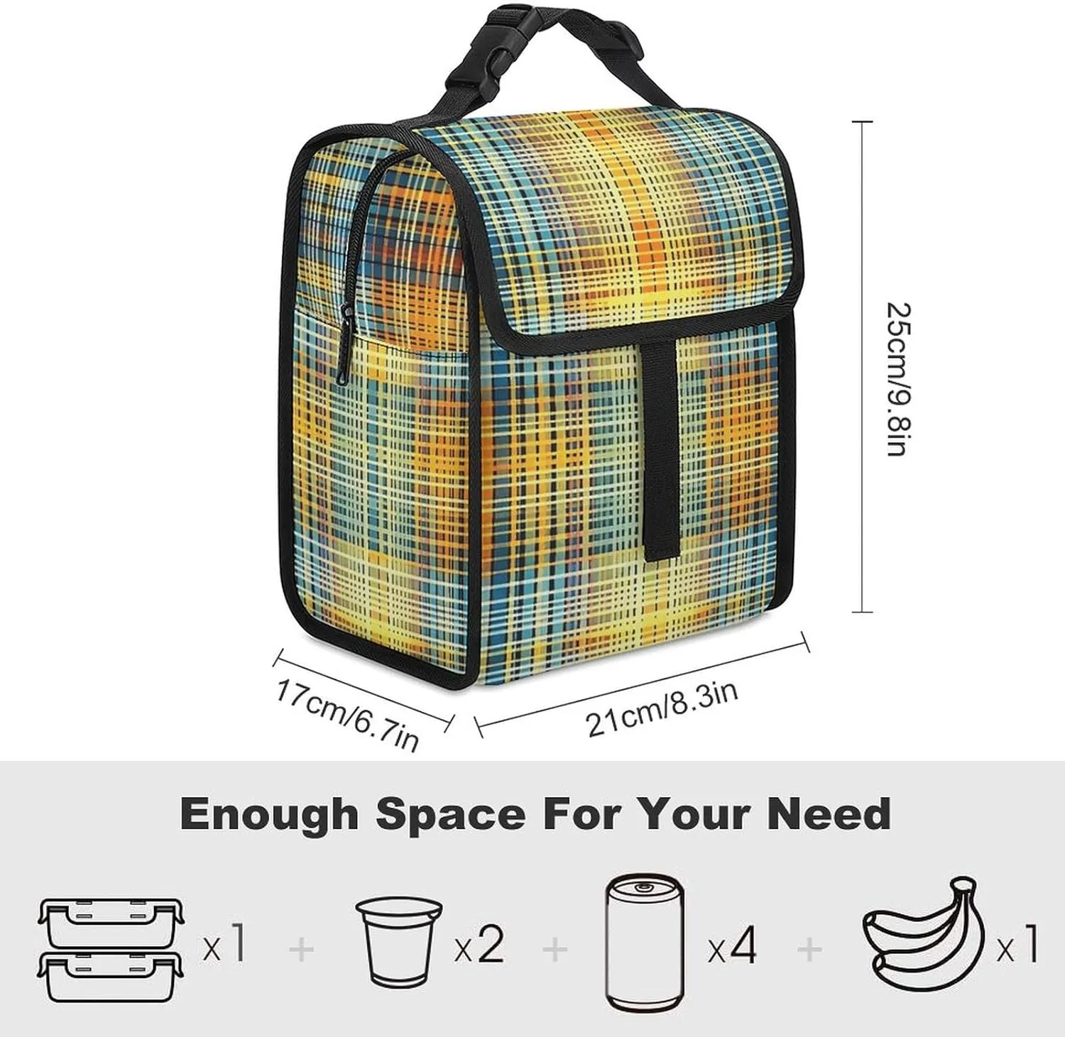 Insulated Lunch Bag for Women Man Lunch Box Grid Stripe Pattern Lunch Tote Bags for Work