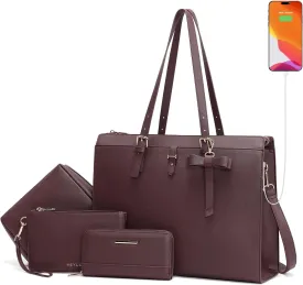 Keyli 4pc Sets Laptop Bag for Women Large Leather Laptop Briefcase with USB Charging Port Computer Shoulder tote Bags Purse