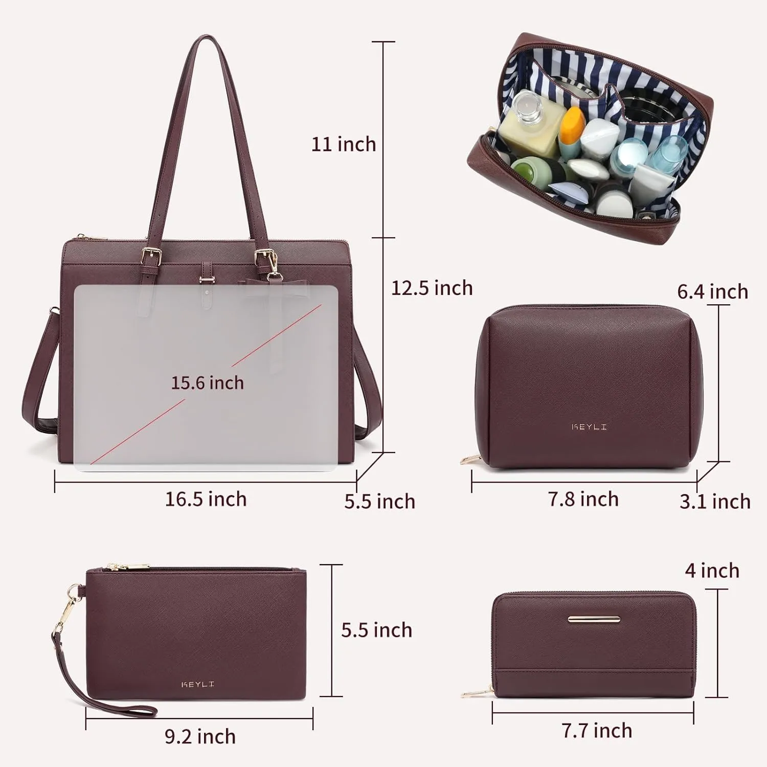 Keyli 4pc Sets Laptop Bag for Women Large Leather Laptop Briefcase with USB Charging Port Computer Shoulder tote Bags Purse