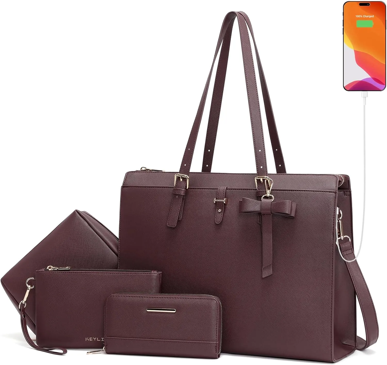Keyli 4pc Sets Laptop Bag for Women Large Leather Laptop Briefcase with USB Charging Port Computer Shoulder tote Bags Purse