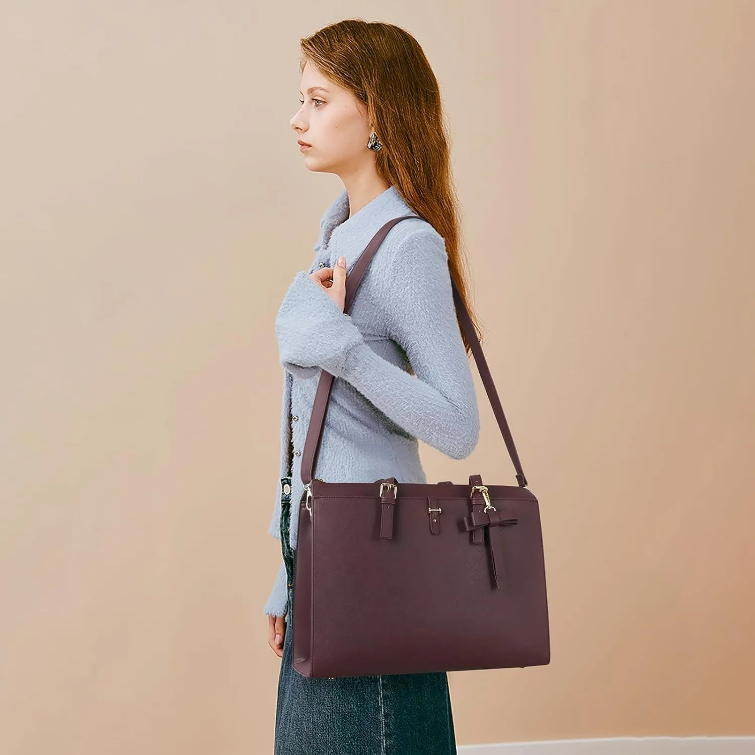 Keyli 4pc Sets Laptop Bag for Women Large Leather Laptop Briefcase with USB Charging Port Computer Shoulder tote Bags Purse