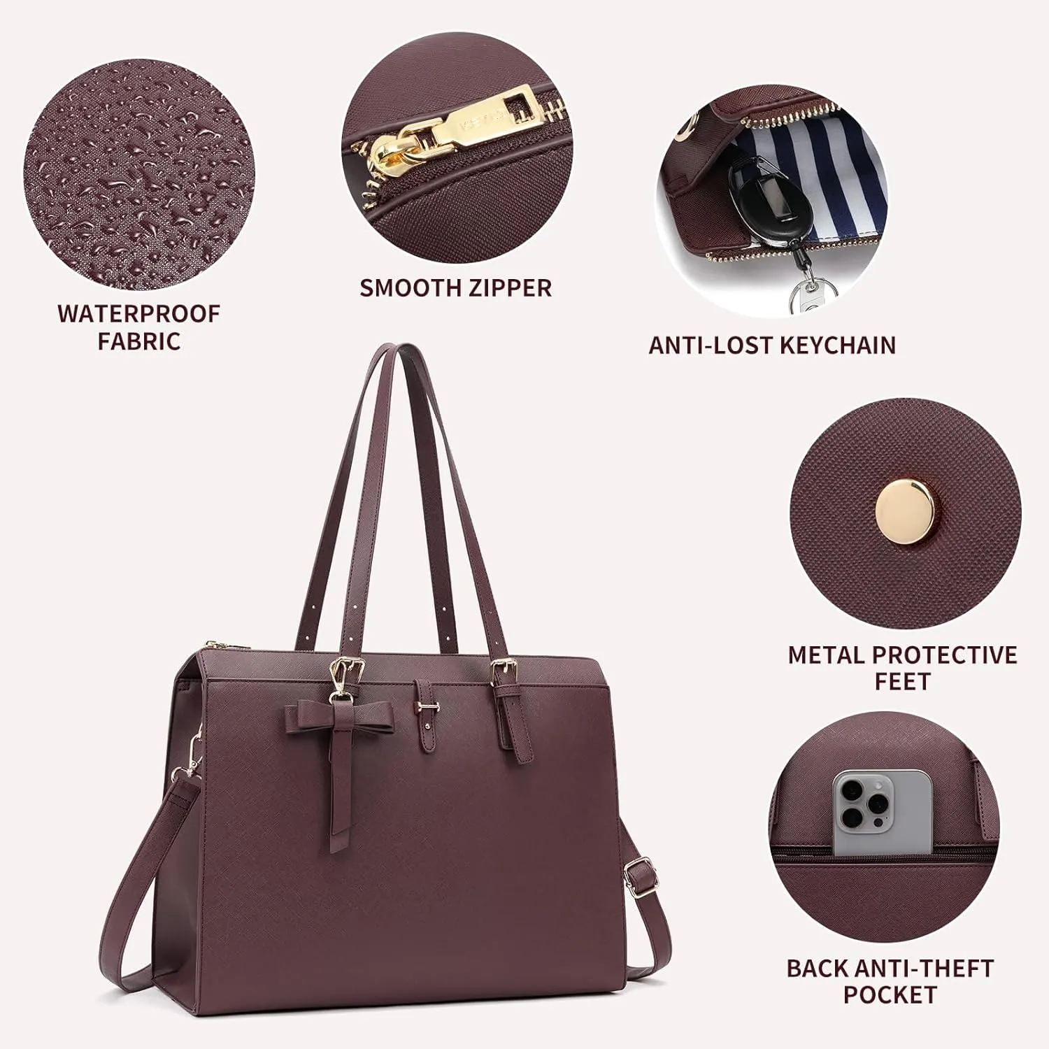 Keyli 4pc Sets Laptop Bag for Women Large Leather Laptop Briefcase with USB Charging Port Computer Shoulder tote Bags Purse