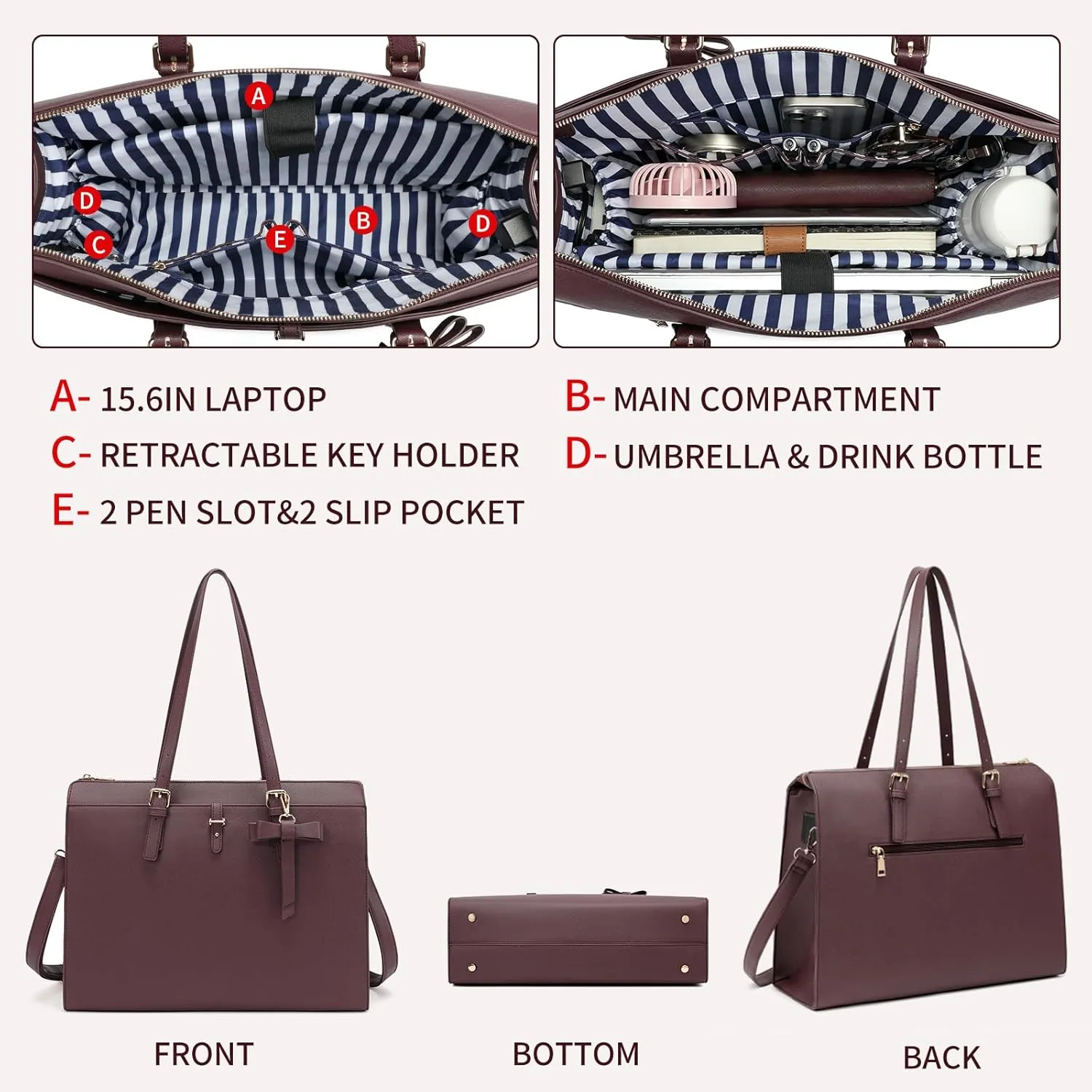 Keyli 4pc Sets Laptop Bag for Women Large Leather Laptop Briefcase with USB Charging Port Computer Shoulder tote Bags Purse